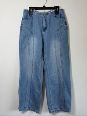 Retro Y2K High Waisted Panelled Wide Leg Jeans Seam Detail Light Wash XL 12